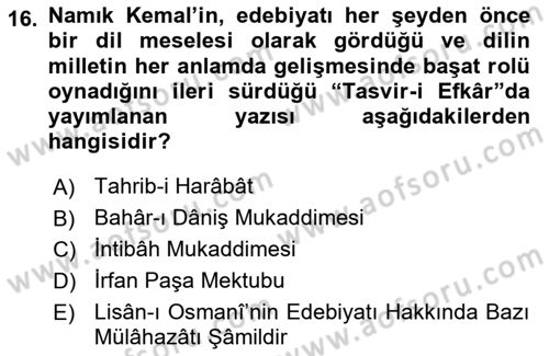 Eleştiri Tarihi Dersi 2021 - 2022 Yılı (Vize) Ara Sınav Soruları 16. Soru