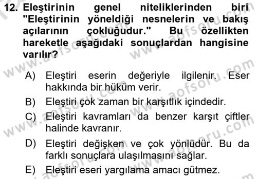 Eleştiri Tarihi Dersi 2021 - 2022 Yılı (Final) Dönem Sonu Sınav Soruları 12. Soru