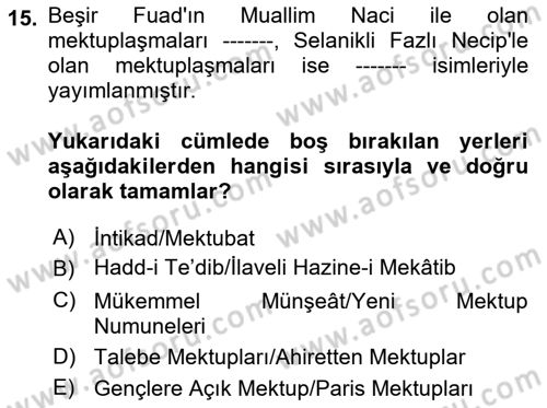 Eleştiri Tarihi Dersi 2021 - 2022 Yılı (Final) Dönem Sonu Sınav Soruları 15. Soru