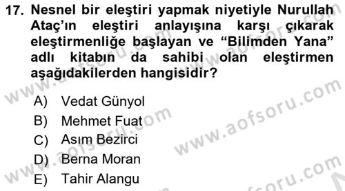 Eleştiri Tarihi Dersi Dönem Sonu Sınavı Deneme Sınav Soruları 17. Soru