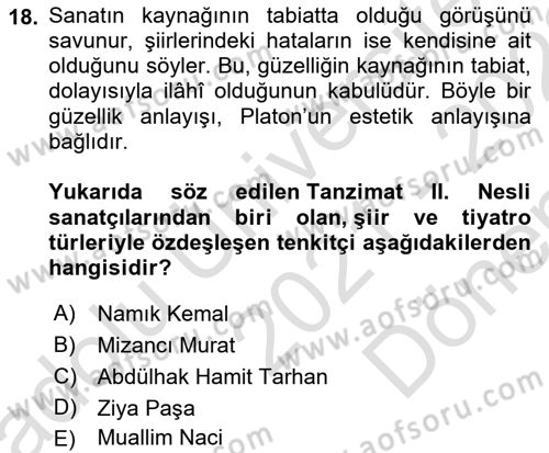 Eleştiri Tarihi Dersi Dönem Sonu Sınavı Deneme Sınav Soruları 18. Soru