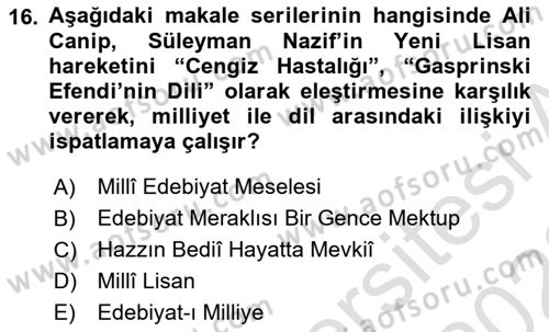Eleştiri Tarihi Dersi 2021 - 2022 Yılı Yaz Okulu Sınav Soruları 16. Soru