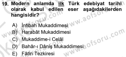 Eleştiri Tarihi Dersi 2021 - 2022 Yılı Yaz Okulu Sınavı 19. Soru