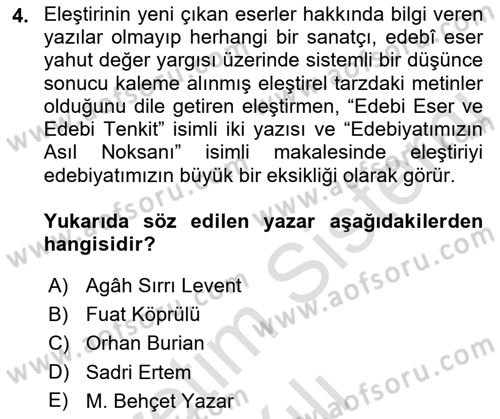 Eleştiri Tarihi Dersi 2021 - 2022 Yılı Yaz Okulu Sınav Soruları 4. Soru