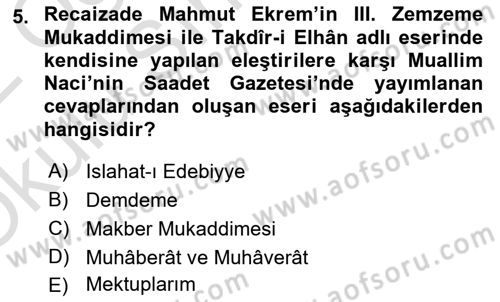Eleştiri Tarihi Dersi 2021 - 2022 Yılı Yaz Okulu Sınav Soruları 5. Soru