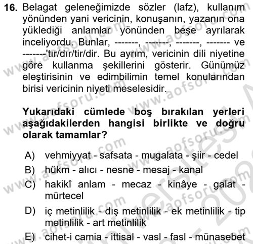 Eleştiri Tarihi Dersi 2022 - 2023 Yılı (Vize) Ara Sınav Soruları 16. Soru