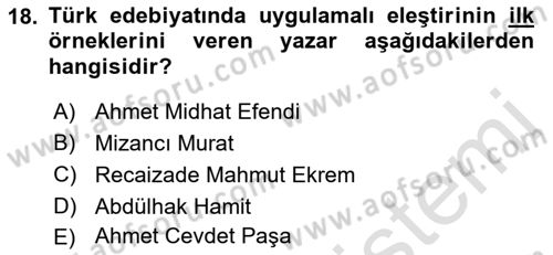 Eleştiri Tarihi Dersi 2022 - 2023 Yılı (Vize) Ara Sınav Soruları 18. Soru