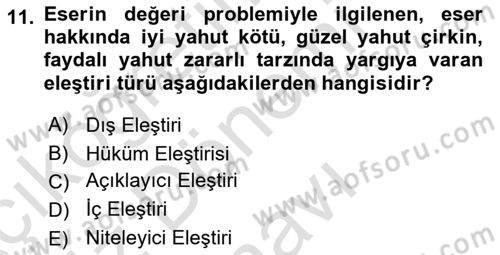 Eleştiri Tarihi Dersi 2022 - 2023 Yılı (Final) Dönem Sonu Sınav Soruları 11. Soru