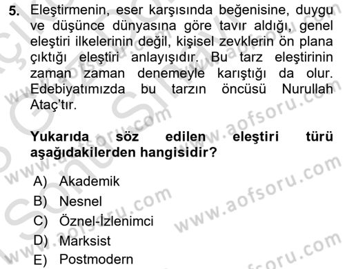 Eleştiri Tarihi Dersi 2022 - 2023 Yılı (Final) Dönem Sonu Sınav Soruları 5. Soru