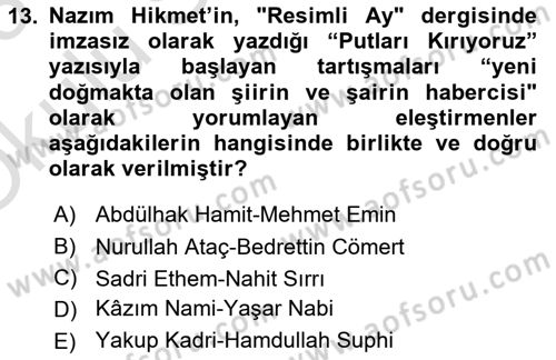 Eleştiri Tarihi Dersi 2022 - 2023 Yılı Yaz Okulu Sınav Soruları 13. Soru