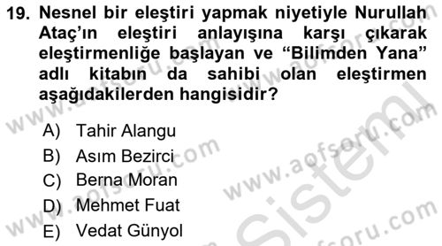 Eleştiri Tarihi Dersi 2022 - 2023 Yılı Yaz Okulu Sınav Soruları 19. Soru
