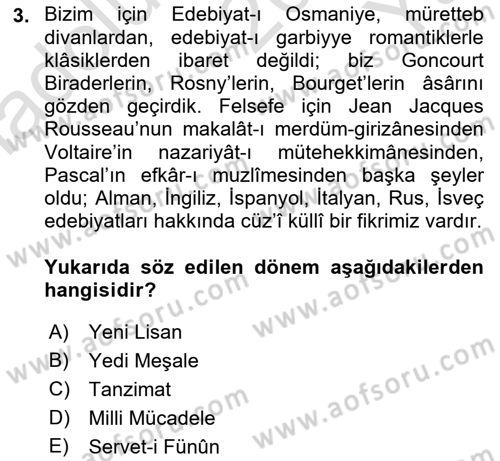 Eleştiri Tarihi Dersi 2022 - 2023 Yılı Yaz Okulu Sınav Soruları 3. Soru