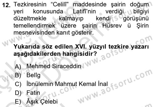 Eleştiri Tarihi Dersi 2023 - 2024 Yılı (Vize) Ara Sınav Soruları 12. Soru