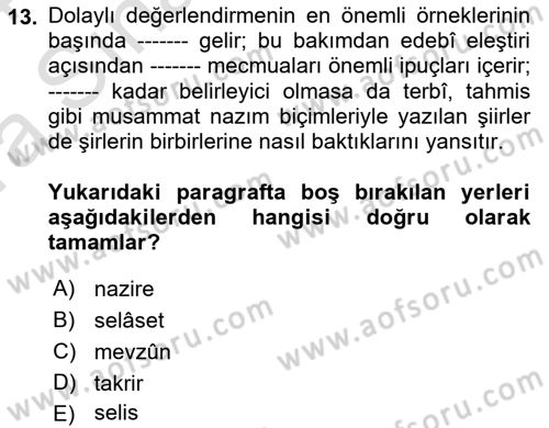Eleştiri Tarihi Dersi 2023 - 2024 Yılı (Vize) Ara Sınav Soruları 13. Soru