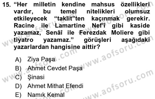 Eleştiri Tarihi Dersi 2023 - 2024 Yılı (Vize) Ara Sınav Soruları 15. Soru