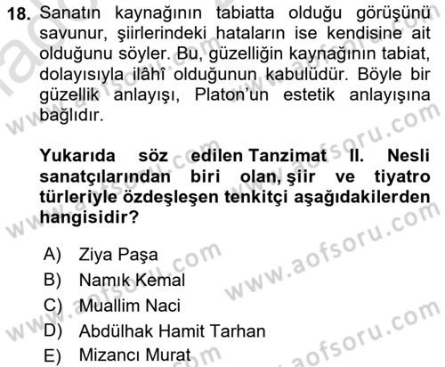 Eleştiri Tarihi Dersi 2023 - 2024 Yılı (Vize) Ara Sınav Soruları 18. Soru