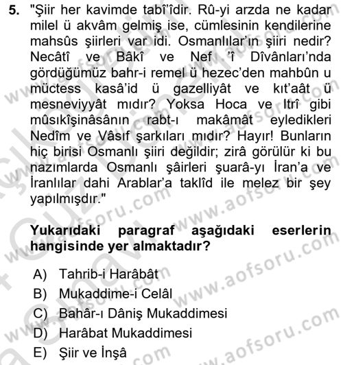 Eleştiri Tarihi Dersi 2023 - 2024 Yılı (Vize) Ara Sınav Soruları 5. Soru
