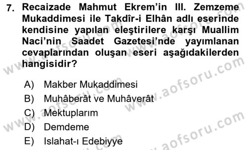 Eleştiri Tarihi Dersi 2023 - 2024 Yılı (Vize) Ara Sınav Soruları 7. Soru