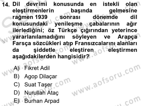 Eleştiri Tarihi Dersi 2023 - 2024 Yılı (Final) Dönem Sonu Sınav Soruları 14. Soru