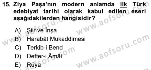 Eleştiri Tarihi Dersi 2023 - 2024 Yılı Yaz Okulu Sınav Soruları 15. Soru
