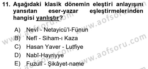 Eleştiri Tarihi Dersi 2024 - 2025 Yılı (Vize) Ara Sınav Soruları 11. Soru