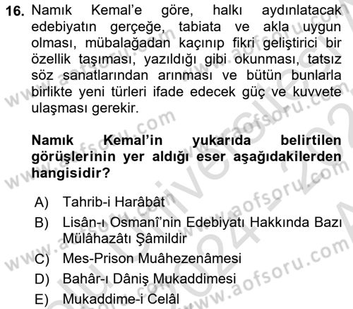 Eleştiri Tarihi Dersi 2024 - 2025 Yılı (Vize) Ara Sınav Soruları 16. Soru
