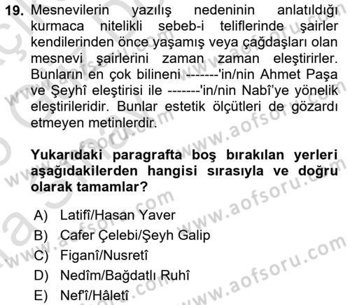 Eleştiri Tarihi Dersi 2024 - 2025 Yılı (Vize) Ara Sınav Soruları 19. Soru