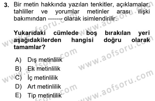Eleştiri Tarihi Dersi 2024 - 2025 Yılı (Vize) Ara Sınav Soruları 3. Soru