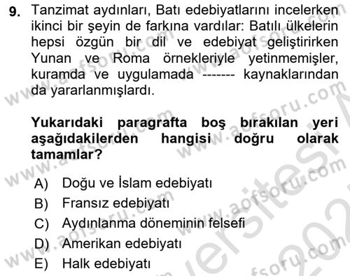 Eleştiri Tarihi Dersi 2024 - 2025 Yılı (Vize) Ara Sınav Soruları 9. Soru