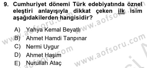 Eleştiri Tarihi Dersi 2024 - 2025 Yılı (Final) Dönem Sonu Sınav Soruları 9. Soru