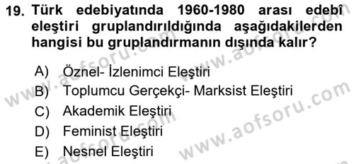 Eleştiri Tarihi Dersi 2024 - 2025 Yılı Yaz Okulu Sınav Soruları 19. Soru