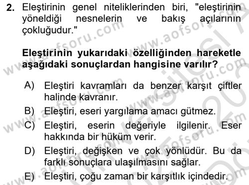 Eleştiri Tarihi Dersi 2025 - 2026 Yılı (Vize) Ara Sınav Soruları 2. Soru
