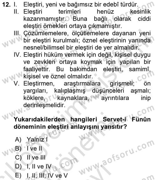 Eleştiri Tarihi Dersi 2025 - 2026 Yılı (Final) Dönem Sonu Sınav Soruları 12. Soru