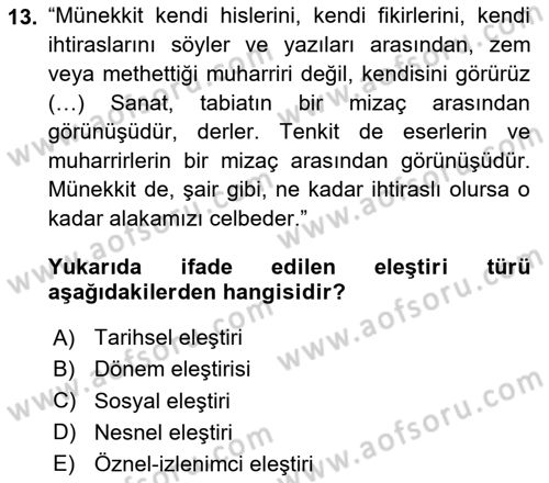 Eleştiri Tarihi Dersi 2025 - 2026 Yılı (Final) Dönem Sonu Sınav Soruları 13. Soru