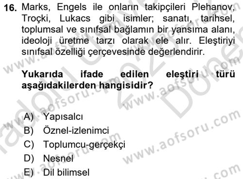 Eleştiri Tarihi Dersi 2025 - 2026 Yılı (Final) Dönem Sonu Sınav Soruları 16. Soru