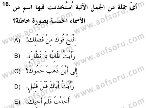 Arapça 2 (APÇ) Dersi 2017 - 2018 Yılı (Vize) Ara Sınav Soruları 16. Soru