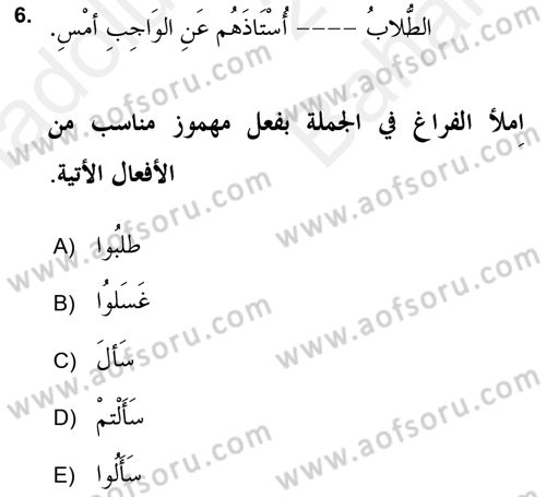 Arapça 2 (APÇ) Dersi 2017 - 2018 Yılı (Vize) Ara Sınav Soruları 6. Soru