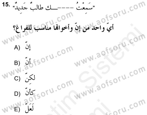 Arapça 2 (APÇ) Dersi 2017 - 2018 Yılı (Final) Dönem Sonu Sınav Soruları 15. Soru