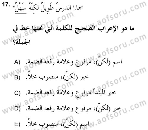 Arapça 2 (APÇ) Dersi 2017 - 2018 Yılı (Final) Dönem Sonu Sınav Soruları 17. Soru