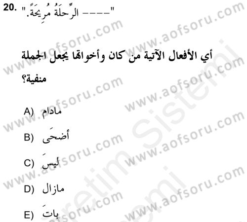Arapça 2 (APÇ) Dersi 2017 - 2018 Yılı (Final) Dönem Sonu Sınav Soruları 20. Soru