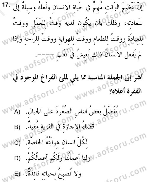 Arapça 2 (APÇ) Dersi 2018 - 2019 Yılı (Final) Dönem Sonu Sınav Soruları 17. Soru