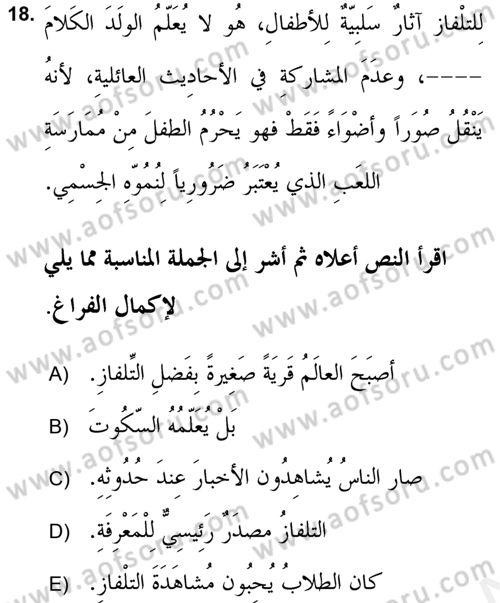 Arapça 2 (APÇ) Dersi 2018 - 2019 Yılı (Final) Dönem Sonu Sınav Soruları 18. Soru