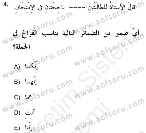 Arapça 2 (APÇ) Dersi 2018 - 2019 Yılı (Final) Dönem Sonu Sınav Soruları 4. Soru