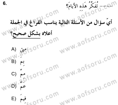 Arapça 2 (APÇ) Dersi 2018 - 2019 Yılı (Final) Dönem Sonu Sınav Soruları 6. Soru
