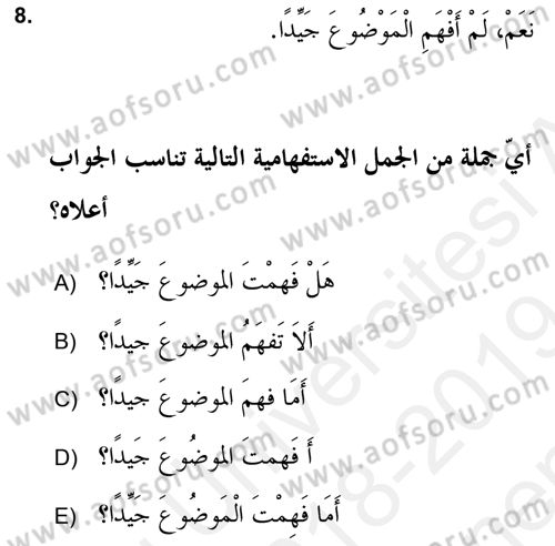 Arapça 2 (APÇ) Dersi 2018 - 2019 Yılı (Final) Dönem Sonu Sınav Soruları 8. Soru