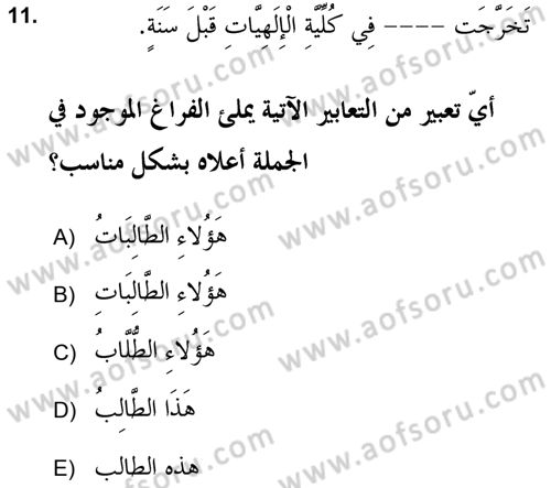 Arapça 2 (APÇ) Dersi 2018 - 2019 Yılı Yaz Okulu Sınav Soruları 11. Soru