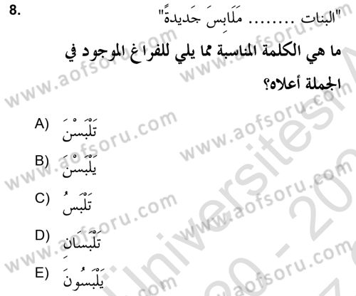 Arapça 2 (APÇ) Dersi 2020 - 2021 Yılı Yaz Okulu Sınavı 8. Soru