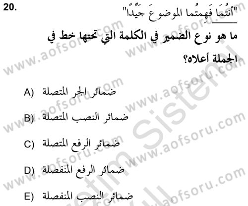 Arapça 2 (APÇ) Dersi 2021 - 2022 Yılı (Vize) Ara Sınav Soruları 20. Soru