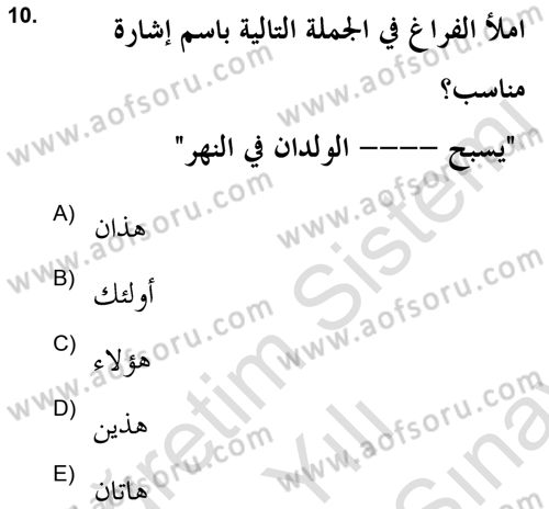 Arapça 2 (APÇ) Dersi 2021 - 2022 Yılı (Final) Dönem Sonu Sınavı 10. Soru
