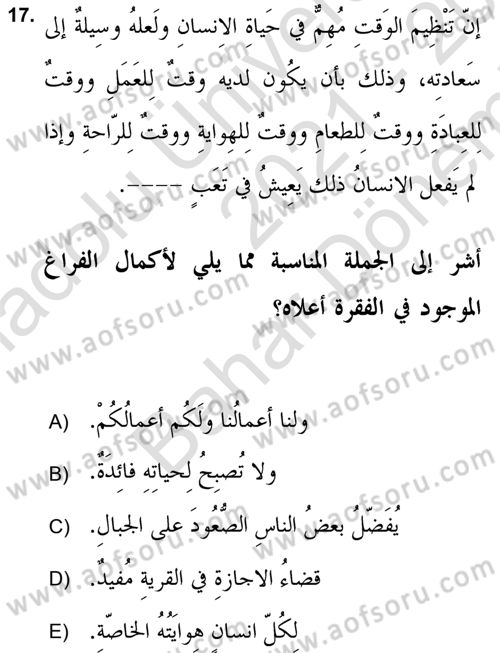Arapça 2 (APÇ) Dersi 2021 - 2022 Yılı (Final) Dönem Sonu Sınavı 17. Soru